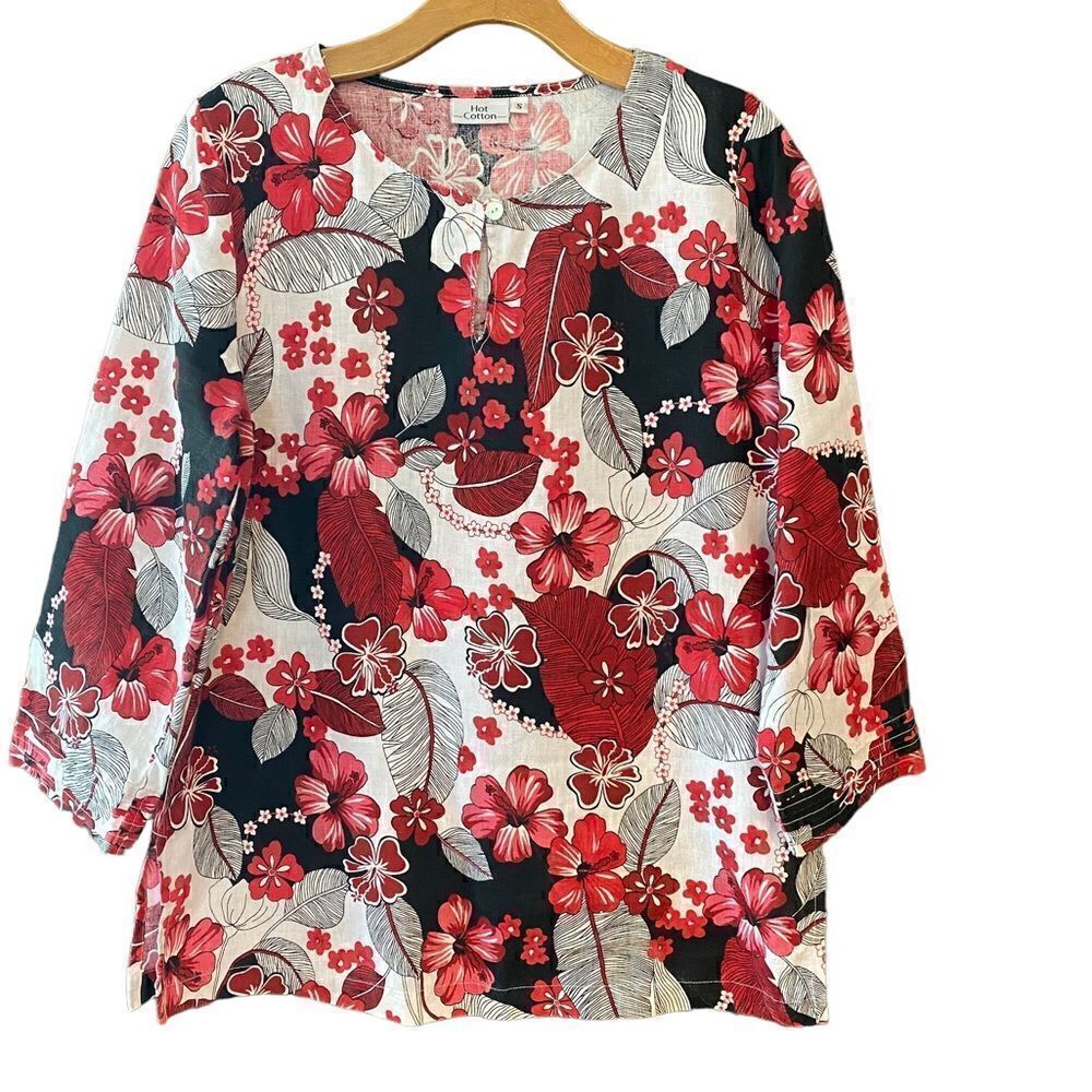 Hot Cotton Sz S Red Large Floral 100% Linen Flared Sleeve Relaxed Fit Top